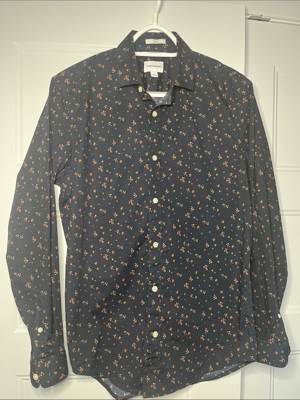 Frank & Oak Black Button-Up Shirt with Small Floral Print